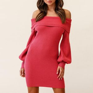 Casual Dresses Sexy Off Shoulder Knitted Mini Dress Women Lantern Sleeve Office Slash Neck Solid Winter Bodycon Sweater Vestidos