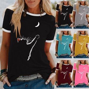 Kadın t shirt Yaz Moda Kedi Hayvan Patchwork Kısa Kollu Yuvarlak Boyun Artı Boyutu T-Shirt Rahat Gevşek S-5XL T-Shirt Tops