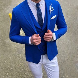 Ternos dos homens Blazers Blue Slim Fit Suit Notched Lapel Masculino Smoking do Noivo do Noivo de Casamento 3 Peças Vest e Calças de Jaqueta de Prom