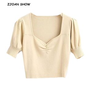 Vintage Ruched v Neck Slow Slow Slow Sleeve T-shirt T-shirt Mulher Slim Fit Knitted T Camisa Apertado Tee Tops Retro 4 Cores 210429