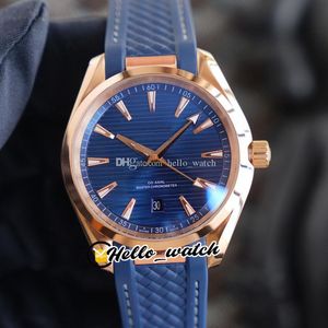 41mm Date Aqua Terra 150m 220.52.41.21.03.001 Automatic Mens Watch Blue Texture Dial And Hands Rose Gold Case Rubber Strap Gent Watches G32B (1)