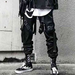 Joggers Cargo Pants for Men Casual Hip Hop Hit Color Pocket Male Trousers Sweatpants Streetwear Ribbons Techwear Pants 210406