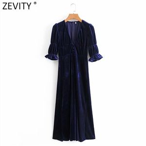 French Style Women Elegant V Neck Solid Slim Velvet Midi Dress Lady Fall Pleats Half Sleeve Chic Party Vestido DS4772 210420