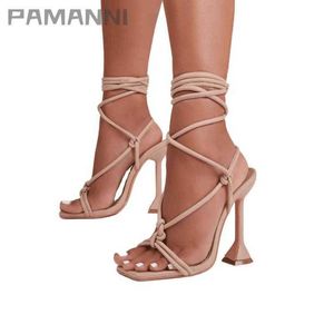 Pamanni Sommar Kvinnor Sandaler Ankelband Stiletto Kvinna Gladiator Stil Sexig Äldre Lace Up Party Square Toe High Heel Shoes Y0721