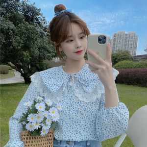 Camisas Blusas Sweet Chic Puff Longa Blue Blusa Floral Mulheres Peter Pan Collar Tops Blusas Mujer de Moda Estilo Japão 210429