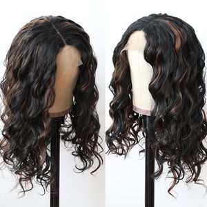 Long Ombre Highlight Color Syntetisk Lace Front Wig för Kvinnor Blondin Curly Wigs Sidor Värmebeständig Naturlig Hårlinje Som Human Hair Deep Wave Party
