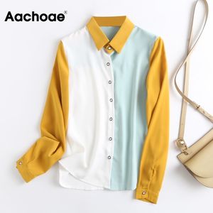 Mulheres Patchwork Blusa Camisa Escritório Desgaste Senhoras Tops Cores De Contraste Manga Longa Casual Túnica Primavera Outono Blusas Mujer 210413