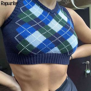 Argyle Ekose Örme Kırpılmış Kazak Yelek Kadın Streetwear Vintage Çizgili Y2K V Boyun Tank Üst Triko Jumper Moda Giysileri 210415