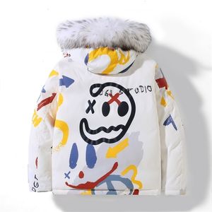Kış Evil Grafiti Aşağı Ceket Çiftler Harajuku Streetwear Hip Hop Parka Kapşonlu Beyaz Ördek Aşağı Ceket Sıcak Bombacı Ceketler Erkekler 211104