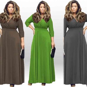 Solid Color V-neck Sexy Dress Fall Fashion Three Quarter Sleeve High Waist Hip Wrap Party Plus Size 210522