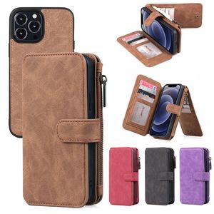 Reißverschluss 2in1 Brieftasche Lederhüllen für iPhone 14 13 Pro Max 11 12 Mini XR XS 8 Plus Samsung S21 FE S22 Ultra magnetische abnehmbare Kartenfächer Flip Stand Telefonabdeckung