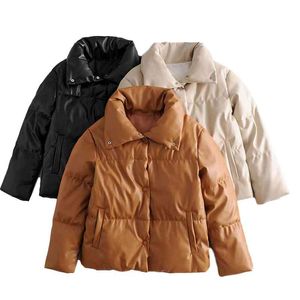 Loose Women Faux Leather Cotton Padded Parkas Winter Fashion Ladies Stand Collar Warm Jackets Female Thick Coats Chic 210515
