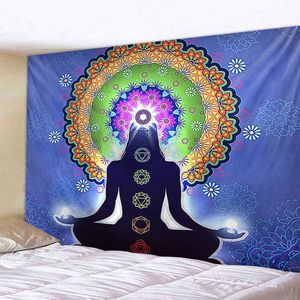 Indisk Buddha Meditation 7 Chakra Tapestry Vägg Hängande Mandala Tapestry Väggduk Psychedelic Yoga Carpet Bohemian Decoration 210609