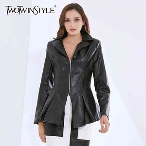 Casual Tunika Jacke für Frauen Revers Langarm PU Leder Solide Jacken Weibliche Mode Kleidung Herbst 210524