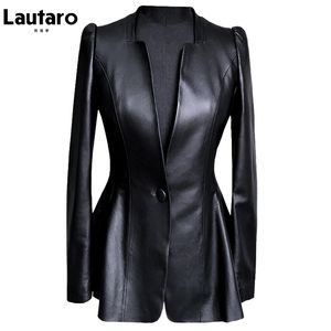 Lautaro Autumn Black Slim Soft Pu Leather Jacket Women Deep V Neck Long Puff Sleeve Elegant Luxury Skirted Blazer Fashion 210916