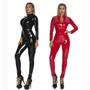 Sexy PU Latex Catsuit Kobiety Czarny Czerwony Wetlook Faux Skórzane Kombinezony Shinning Kostium Zipper Otwórz Crotch Canvas