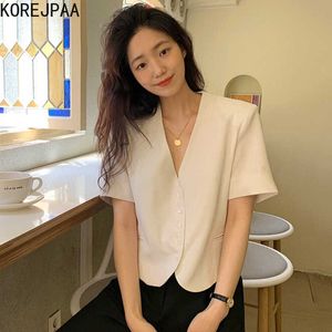 コレヒパアの女性シャツ韓国のファッションシックな夏シンプルなVネックのシングルラインバックル緩いカジュアル半袖ブラウストップ210526