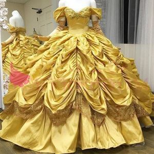 Vintage Dantelli Quinceanera Elbiseler Kapalı Omuz Prenses Balo Kat Uzunluk Tafta Sarı Balo Brithday Tatlı 16 Parti Elbise Vestidos 15