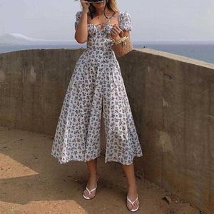 Mulheres Moda Buff Manga Lace Up Alto Vestido Split Vestido Vintage Ladies Cottagecore Tallulah Azul Branco Floral Midi Drop Dropshipping Y0603