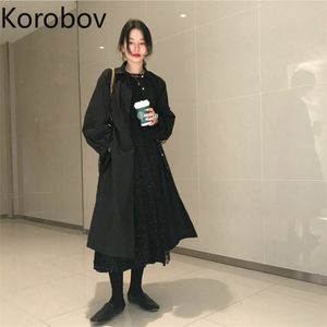 Korobov Koreanska Chic Retro Fransk Enstaka Bröst Svart Trench Coat Hög midja Hip Puff Långärmad En Linje Casaco Feminino 210430