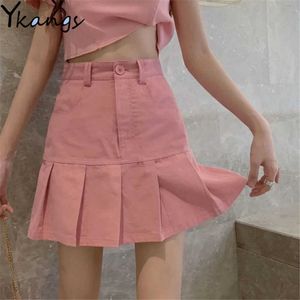 Plus Pink Size 4Xl Haruku Punk Y2k Denim Mini Pleated Skirt Ladies Summer High Waist Jeans Shorts Skirts Women Ruffles Korean 210619 s
