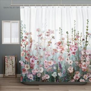 Duschgardiner stil blommigt tyg badrum gardin med krok och sling täcker flerfärgade vattentäta bad draperier