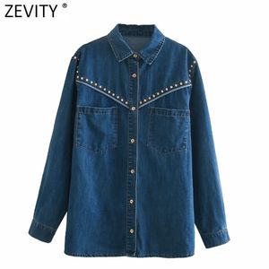 Donna Vintage Rivetto Decorazione Camicia di jeans casual Cappotto Office Lady Pocket Patch Petto Chic Giacca retrò Top CT628 210420