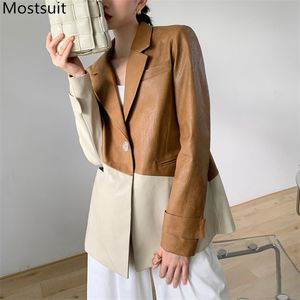 Vintage Fashion Patchwork Women Pu Leather Coat Full Sleeve Single Button Female Suit Coats Spring Loose Ladies Outwear 210514