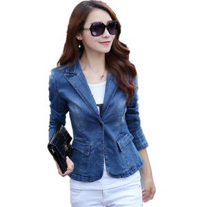 Jesień krótki styl niebieski denim blazer femme plus rozmiar długi rękaw jeden przycisk vintage dżinsy kurtka damska slim płaszcz 211006