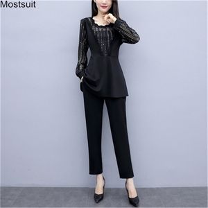 Spring Plus Outfits Women Elegant Two-piece Set Suit Fashion Long Sleeve Shinny Mesh Patchwork Tunic Tops + Pants Sets 210513