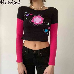 Frau T-shirts Mode Patchwork Blume Liebe Gestickte Oansatz Kurze Outfit Tops Langarm Farbe Passenden Top T-shirt 210513