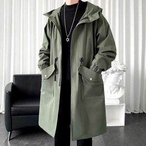 Privathinker Jesień Męski Trench Solid Color Oversized Długą Kurtka Moda Duża Kieszonkowa Kapturem Trench Coats Male Odzież 211011