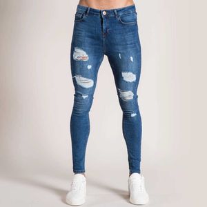 Mäns tvätt tätt riven knä jeans europeisk vår sommar tunna denim byxor casual mode sexig nära passande byxor x0621