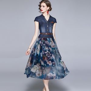 Summer Vintage Fashion Denim V-Neck Patchwork Chiffon Long Dresses Vestidos High Waist Casual Party Dress Female 210518