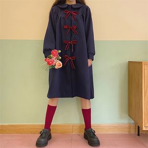 Spring Japan Style Cute Warm Coat Women Long Outerwear Girl Sweet Lantern Sleeve Bow Single Breasted Wool Blends Jacket 210510