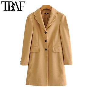 TRAF Women Fashion Single Breasted Jackets Woolen Coat Vintage Long Sleeve Back Vents Female Outerwear Chic Overcoat 210415