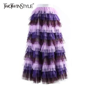 Hit Color Ball Gown Skirt For Women High Waist Patchwork Mesh Midi Skirts Female Fashion Clothing Spring 210521