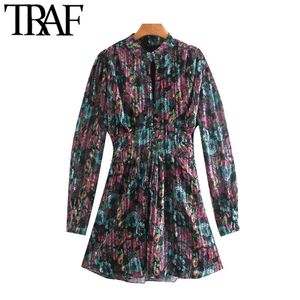 TRAF Women Chic Fashion Floral Print Metallic Thread Mini Dress Vintage Long Sleeve With Lining Female Dresses Mujer 210415