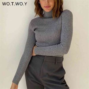 WOTWOY Ribbed Knitted Turtleneck Sweater Women Autumn Winter Slim Fit Basic Pullover Female Long Sleeve Black White Jumper 210914