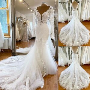Syrena ślub ślubne sukienki długie rękawy suknia ślubna koronkowa aplikacja Plunging V Szyjka Pliste Ruched Made Made Plus Size Vestido de novia estido estido
