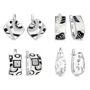 Trendy Original 925 Silber Für Frauen Schwarz Weiß Emaille Muster Klassische Ohrringe Zirkonia Elegante Weibliche Schmuck