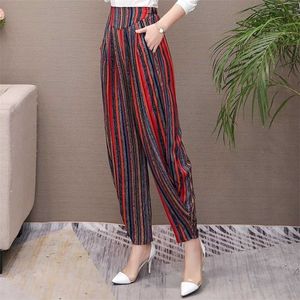 Women Summer Pants Korean Vintage Striped Print High Waist Loose Plaid Elegant Trousers 211115