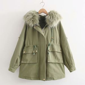 Winter Armee Große Tasche Jacke Frauen Europäischen Taille Kordelzug Pelz Kragen Unten Parka Lange Baumwolle Mantel 210531