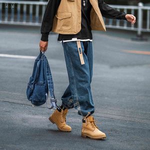 Men's Homemade High Street Baggy Homme Cargo Pocket Jeans Fashion Loose Stitching Casual Pants Hip Hop Biker Denim Trousers 210524