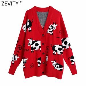 Zevity Women Vintage V Neck Animal Pattern Jacquard Cardigans Knitting Sweater Female Chic Long Sleeve Breasted Coats Tops S682 210603