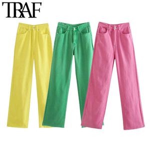 Traf女性シックなファッション5ポケット色ワイドレッグジーンズヴィンテージハイウエストジッパーフライ女性デニムズボンMujer 210616