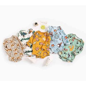 Spring Autumn born Baby Boys Long Sleeve Cartoon Animal Printing Clothes Rompers Toddler Triangle Jumpsuits 210429