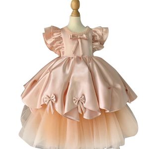 2022 Urocza Biała Suknia Balowa Kwiat Girl Dresses Princess Sheer Długie Aplikacje Klejnot Neck Toddler Birthday Party Suknie