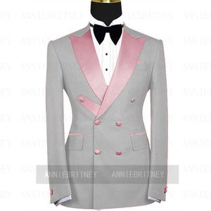 Nyaste mode grå mens bröllopsdräkt set 2 stycken formell prom middag manlig smoking rosa lapel blazer dubbelbröst jacka byxor x0909