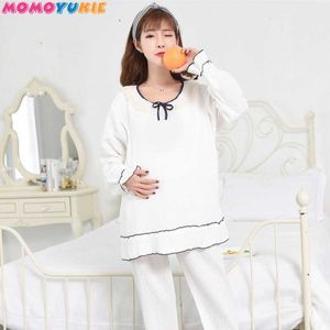 Maternity Höst Lactation Pyjamas Set Långärmad bomullsugn Sömn + Byxor Postpartum Kvinnor Amning Sleepwear 210713
